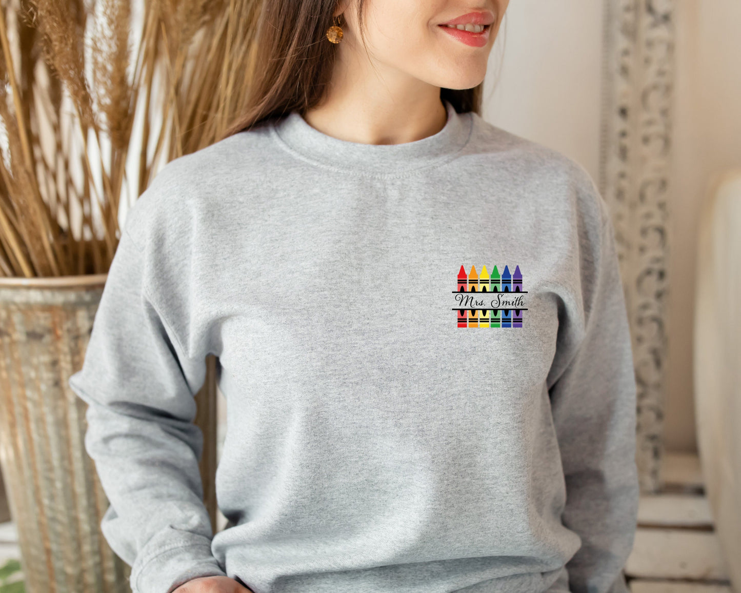 Personalized Name Teacher Tee, Back to School Sweatshirt, Customized Teacher Sweatshirt, Kindergarten Teaching Hoodie,Crayon Teacher Sweater