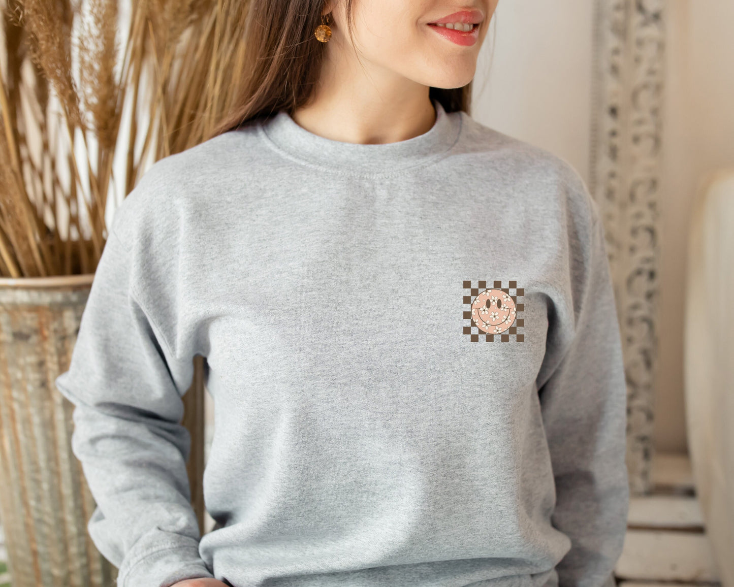 Smiling Flower Sweatshirt, Trendy Smile Face Sweatshirt, Sweatshirt for Women, Happy Face Hoodie, Retro Smile Sweatshirt, Birthday Gift