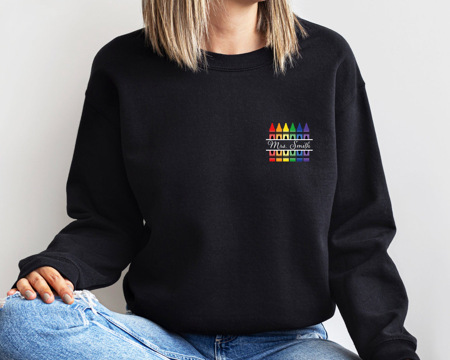 Personalized Name Teacher Tee, Back to School Sweatshirt, Customized Teacher Sweatshirt, Kindergarten Teaching Hoodie,Crayon Teacher Sweater
