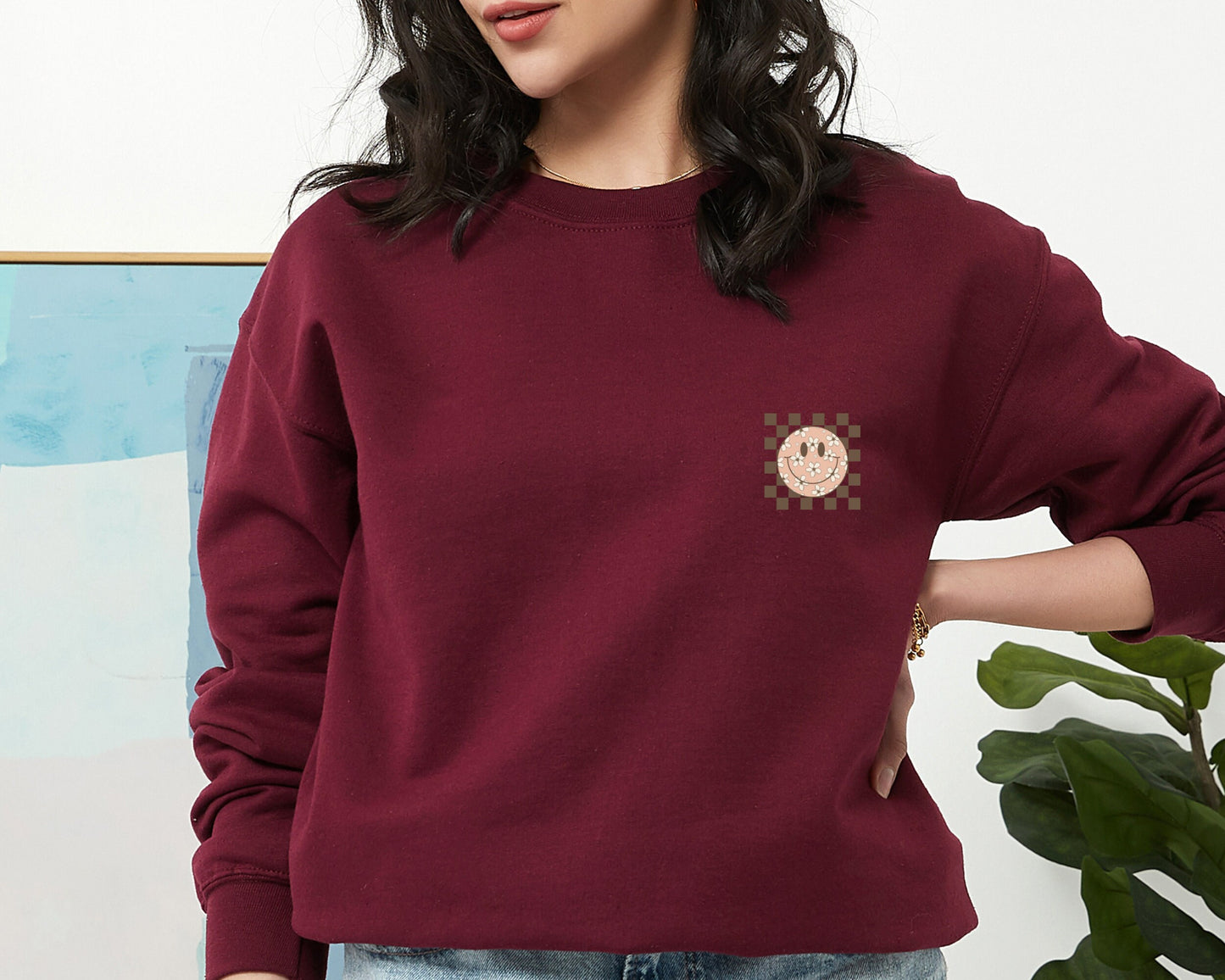 Smiling Flower Sweatshirt, Trendy Smile Face Sweatshirt, Sweatshirt for Women, Happy Face Hoodie, Retro Smile Sweatshirt, Birthday Gift