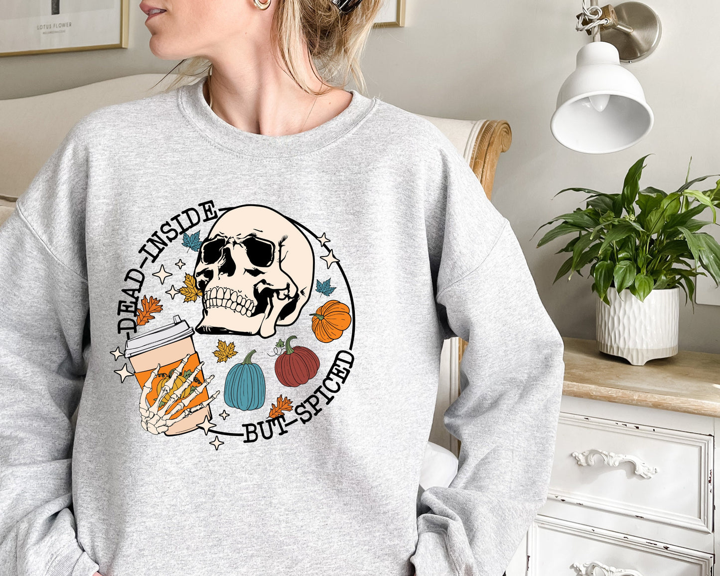 Dead Inside But Spiced Sweatshirt, Dead inside Halloween Hoodie, Womens Skeleton Halloween Sweater, Funny Halloween Hoodie, Pumpkin Sweater