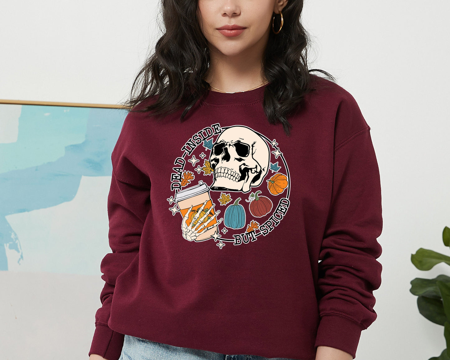 Dead Inside But Spiced Sweatshirt, Dead inside Halloween Hoodie, Womens Skeleton Halloween Sweater, Funny Halloween Hoodie, Pumpkin Sweater