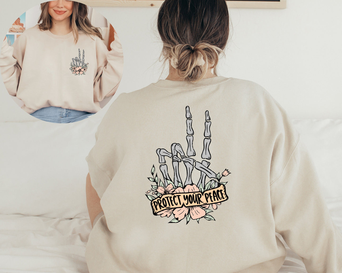 Protect Your Peace Sweatshirt, Flower Skull Sweater, Skeleton Hand Hoodie, Motivational Sweatshirt, Dead Inside Sweater, Positive Crewneck