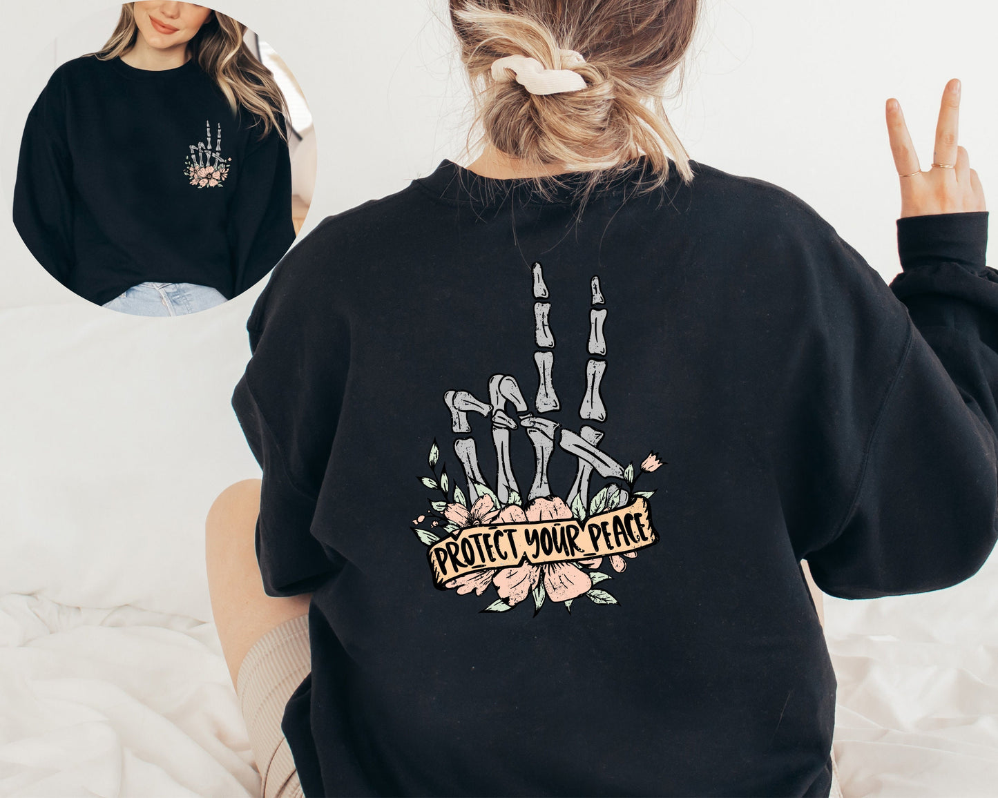 Protect Your Peace Sweatshirt, Flower Skull Sweater, Skeleton Hand Hoodie, Motivational Sweatshirt, Dead Inside Sweater, Positive Crewneck