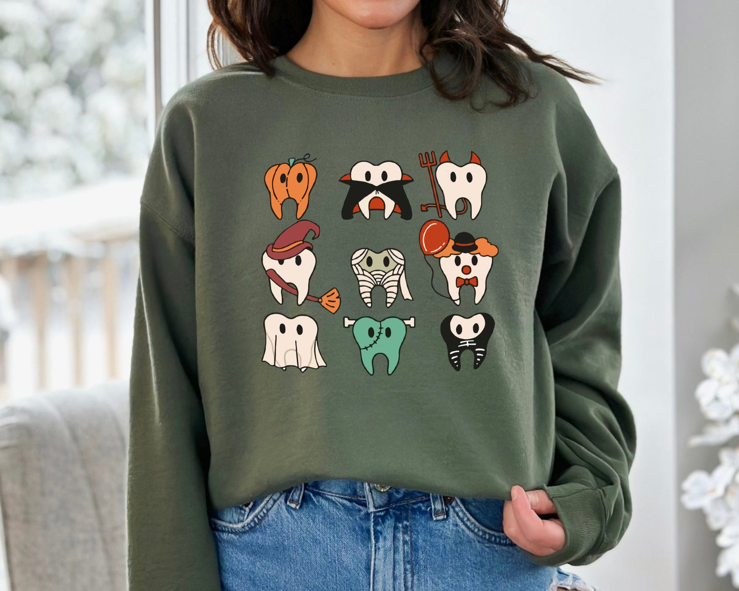Funny Halloween Teeth Sweatshirt, Spooky Halloween Dentist Sweater, Dental Squad Hoodie, Trick or Teeth Sweater, Pumpkin Ghost Crewneck