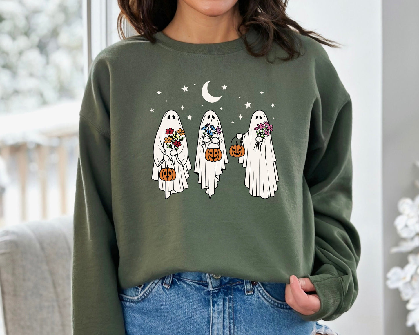 Floral Ghost Sweatshirt, Halloween Ghost Sweater, Floral Ghost Hoodie, Funny Halloween Crewneck, 2023 Happy Halloween, Spooky Season Sweater