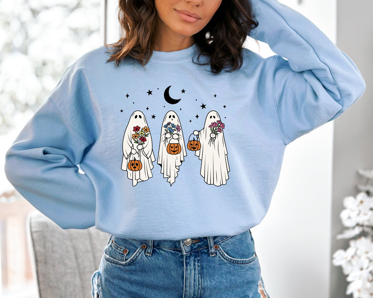 Floral Ghost Sweatshirt, Halloween Ghost Sweater, Floral Ghost Hoodie, Funny Halloween Crewneck, 2023 Happy Halloween, Spooky Season Sweater