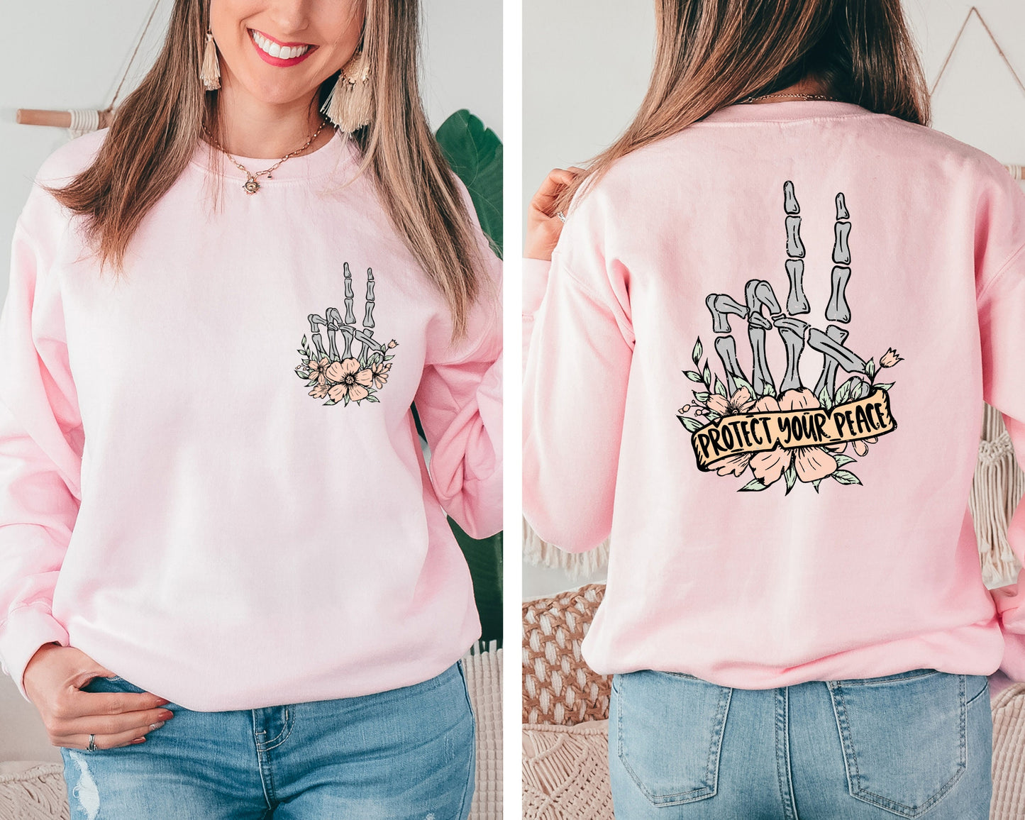 Protect Your Peace Sweatshirt, Flower Skull Sweater, Skeleton Hand Hoodie, Motivational Sweatshirt, Dead Inside Sweater, Positive Crewneck