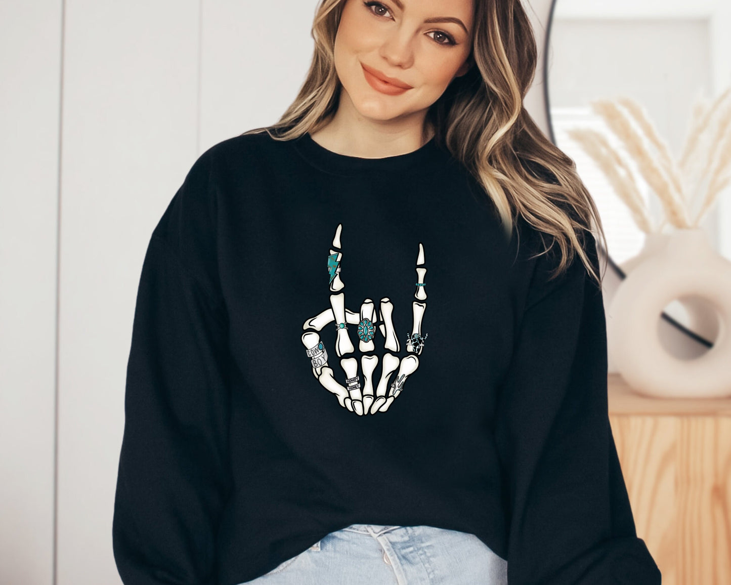 Western Rock On Skeleton American Rodeo Sweatshirt, Cowboy Graphic Hoodie, Howdy Sweater, Women's Patriotic Western Cowgirl Hoodie