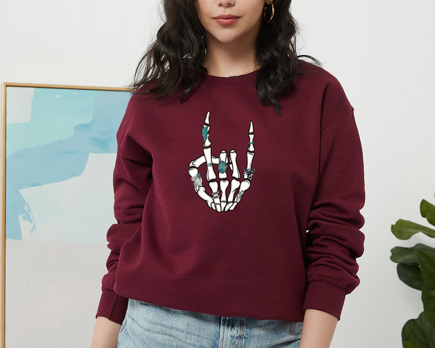 Western Rock On Skeleton American Rodeo Sweatshirt, Cowboy Graphic Hoodie, Howdy Sweater, Women's Patriotic Western Cowgirl Hoodie