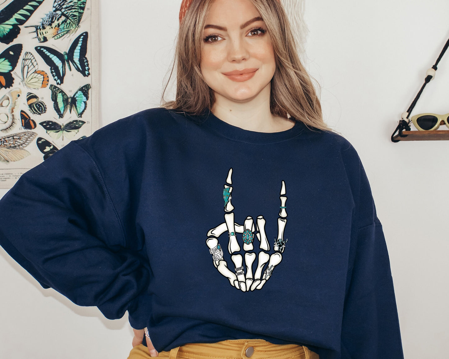 Western Rock On Skeleton American Rodeo Sweatshirt, Cowboy Graphic Hoodie, Howdy Sweater, Women's Patriotic Western Cowgirl Hoodie