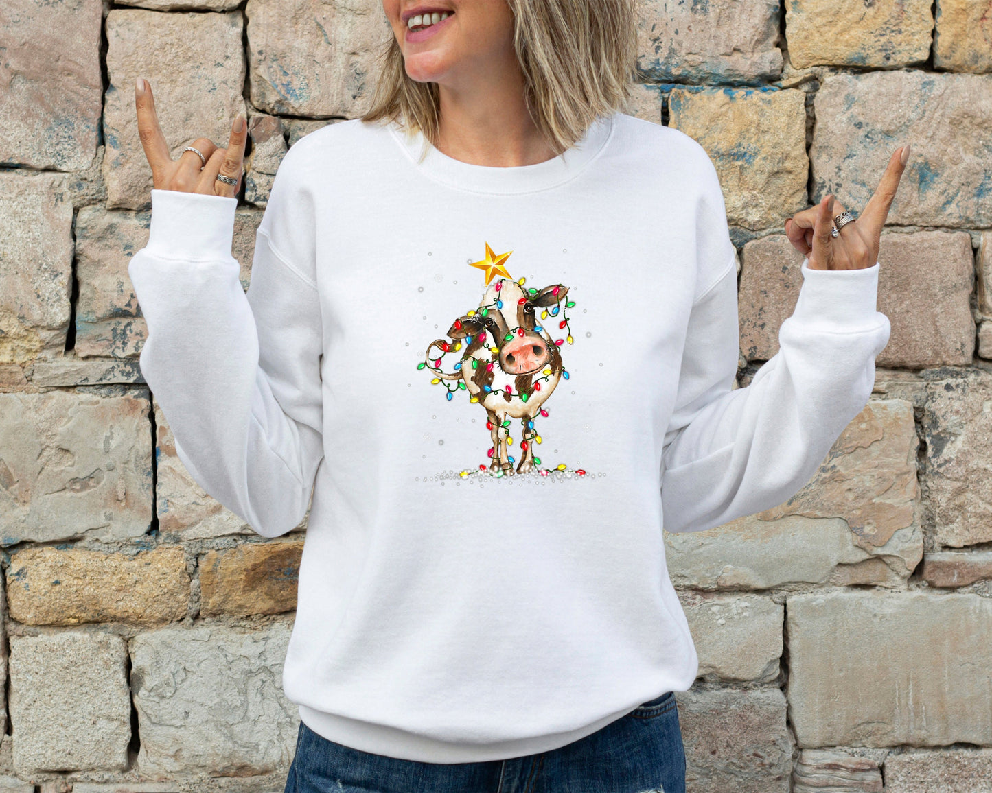 Cute Cow Christmas Lights Christmas Sweatshirt, Funny Christmas Sweater, Cow Holiday Hoodie, Cow Lover Xmas Gift, Farm Christmas Crewneck