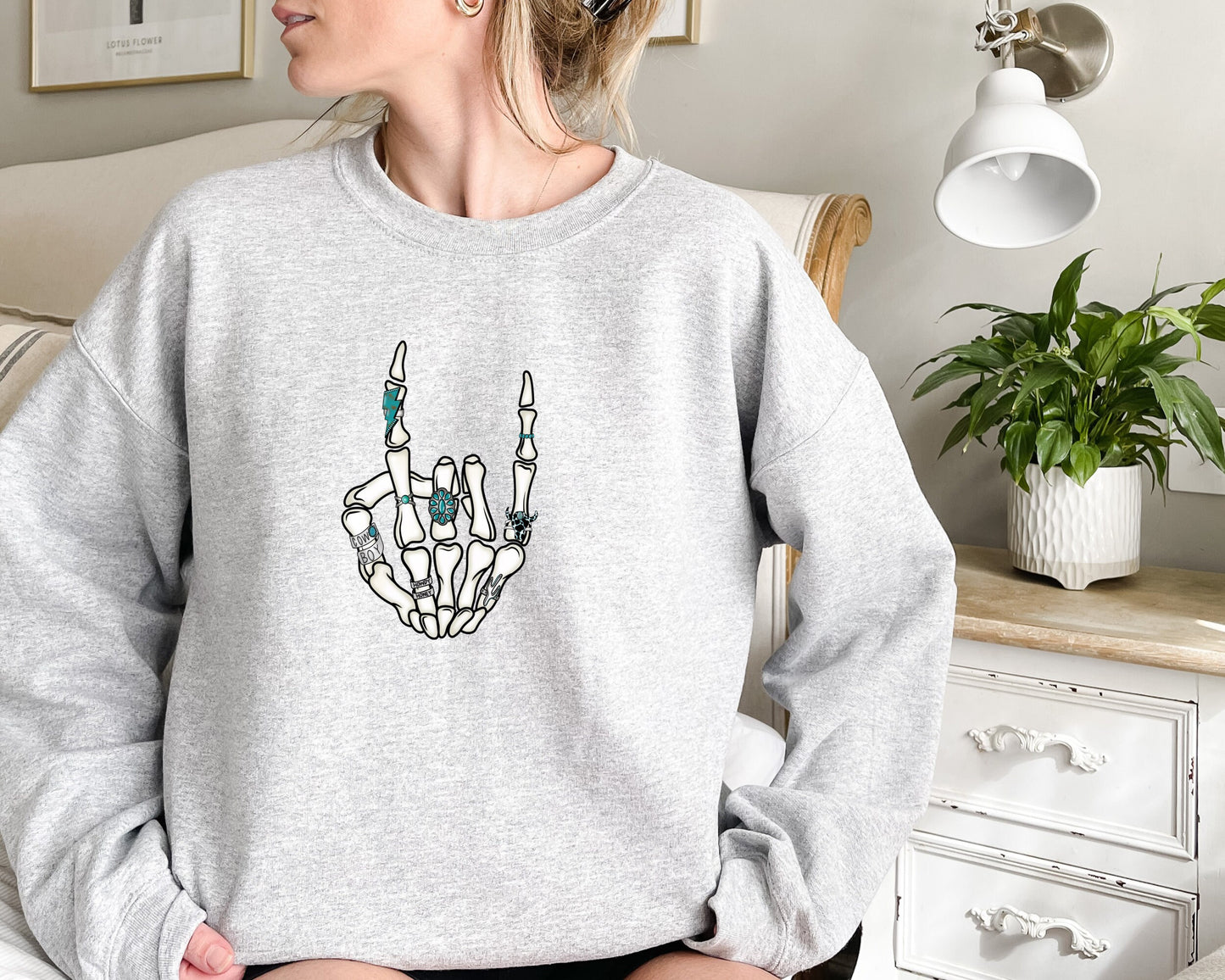 Western Rock On Skeleton American Rodeo Sweatshirt, Cowboy Graphic Hoodie, Howdy Sweater, Women's Patriotic Western Cowgirl Hoodie