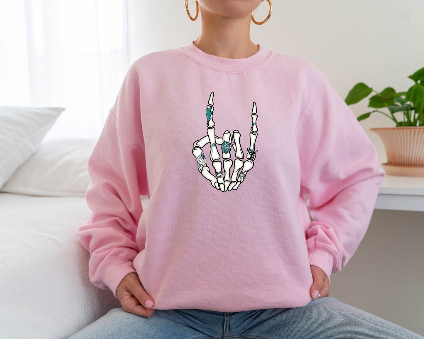 Western Rock On Skeleton American Rodeo Sweatshirt, Cowboy Graphic Hoodie, Howdy Sweater, Women's Patriotic Western Cowgirl Hoodie