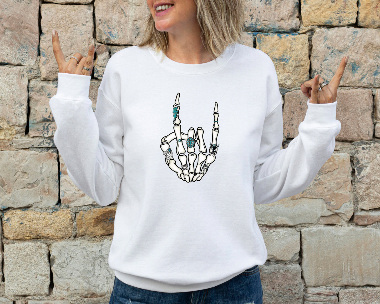 Western Rock On Skeleton American Rodeo Sweatshirt, Cowboy Graphic Hoodie, Howdy Sweater, Women's Patriotic Western Cowgirl Hoodie