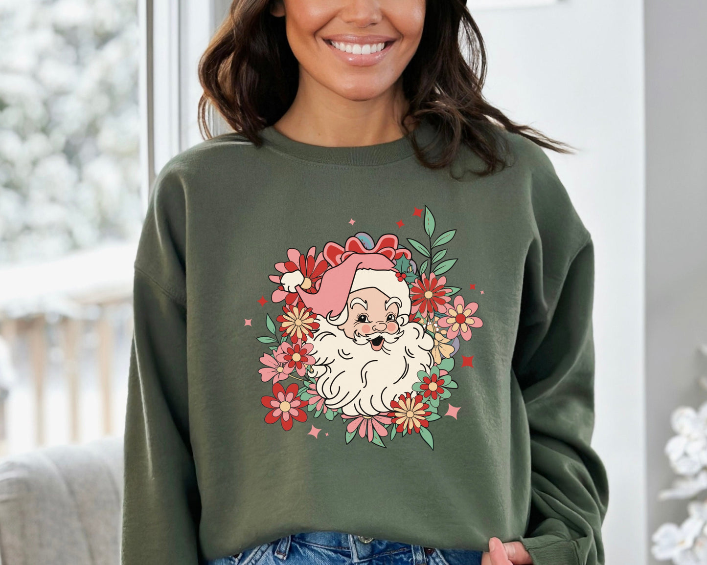 Santa Sweatshirt, Santa Flower Sweater, Santa Flower Hoodie, Merry Christmas Hoodie, Santa Graphic Sweatshirt, Classic Christmas Sweater