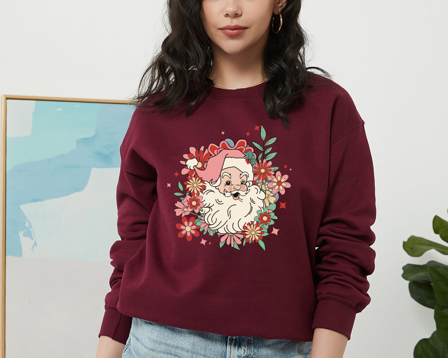 Santa Sweatshirt, Santa Flower Sweater, Santa Flower Hoodie, Merry Christmas Hoodie, Santa Graphic Sweatshirt, Classic Christmas Sweater