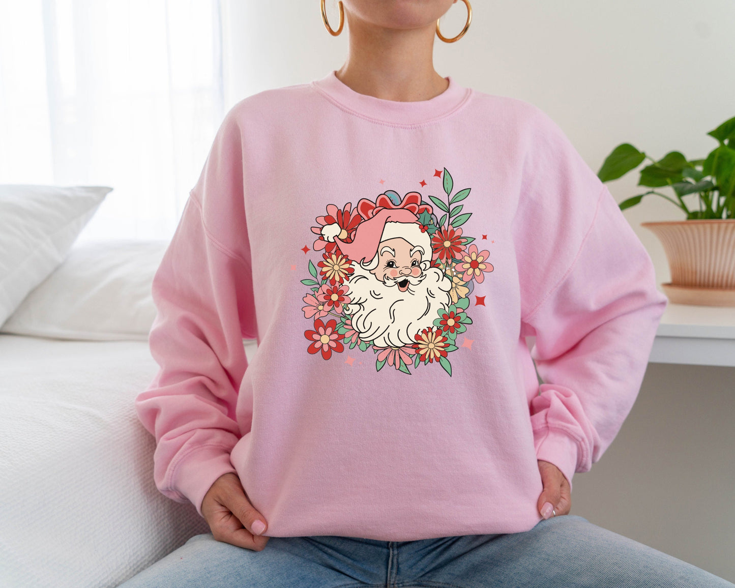 Santa Sweatshirt, Santa Flower Sweater, Santa Flower Hoodie, Merry Christmas Hoodie, Santa Graphic Sweatshirt, Classic Christmas Sweater