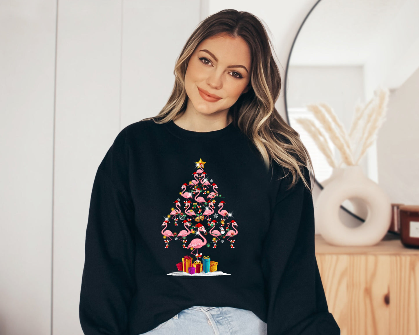 Flamingo Tree Sweatshirt, Flamingo Sweater, Christmas Flamingo Ornament Hoodie, Christmas Lights Flamingo Sweater, Flamingo Lover Hoodie