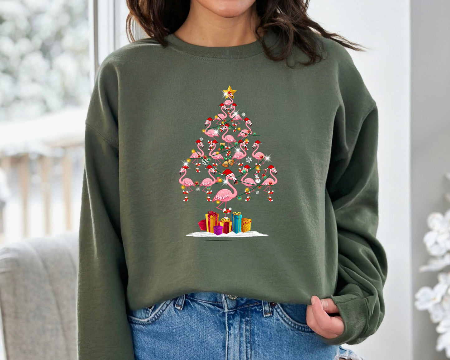 Flamingo Tree Sweatshirt, Flamingo Sweater, Christmas Flamingo Ornament Hoodie, Christmas Lights Flamingo Sweater, Flamingo Lover Hoodie
