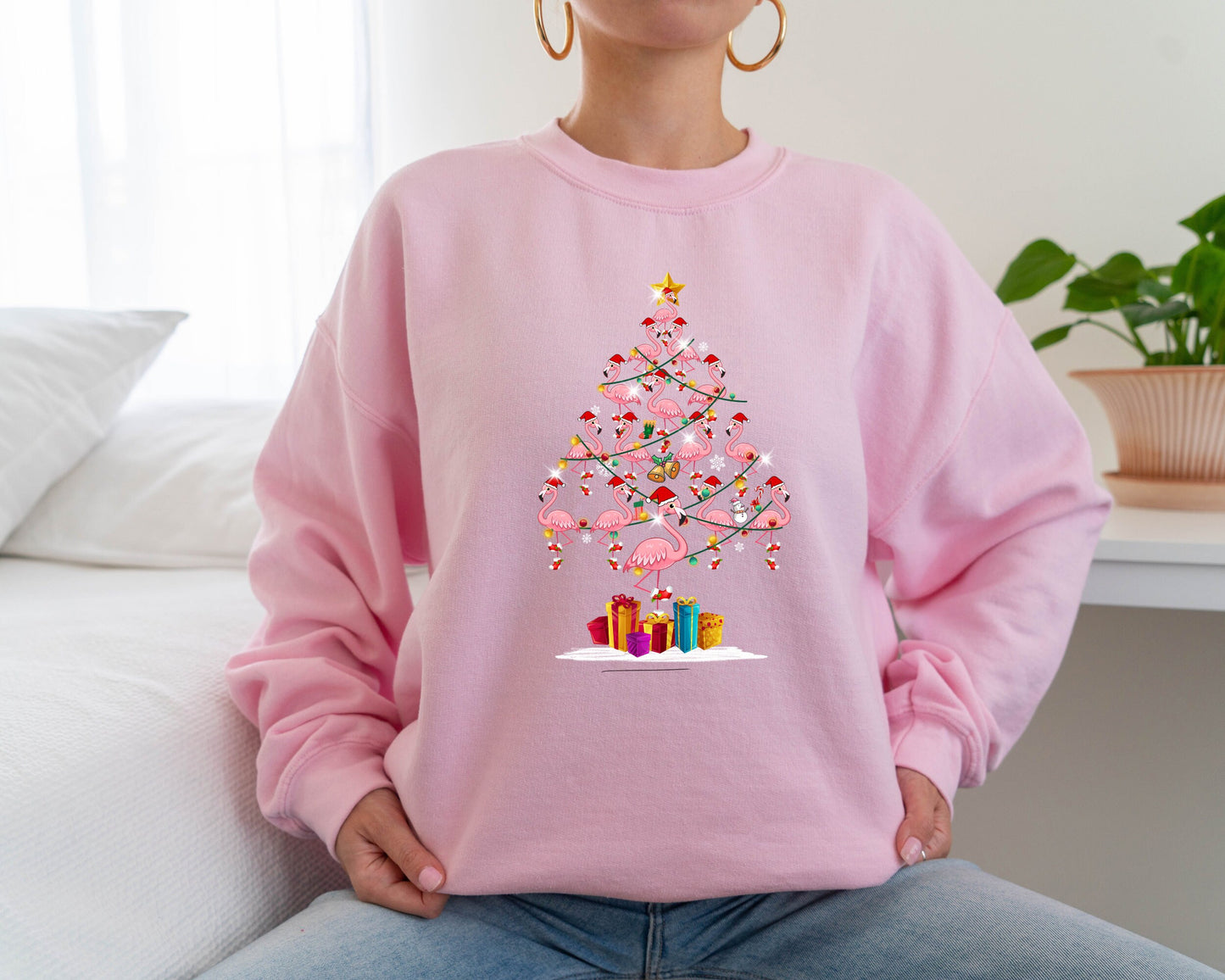 Flamingo Tree Sweatshirt, Flamingo Sweater, Christmas Flamingo Ornament Hoodie, Christmas Lights Flamingo Sweater, Flamingo Lover Hoodie