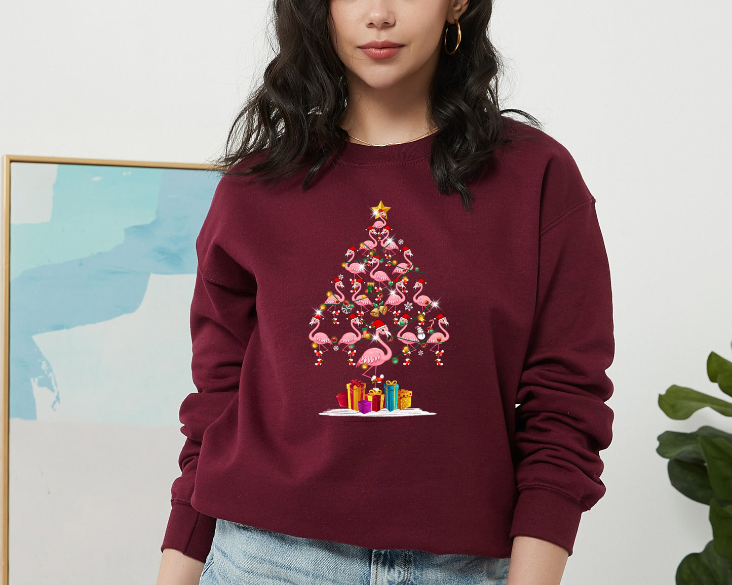 Flamingo Tree Sweatshirt, Flamingo Sweater, Christmas Flamingo Ornament Hoodie, Christmas Lights Flamingo Sweater, Flamingo Lover Hoodie