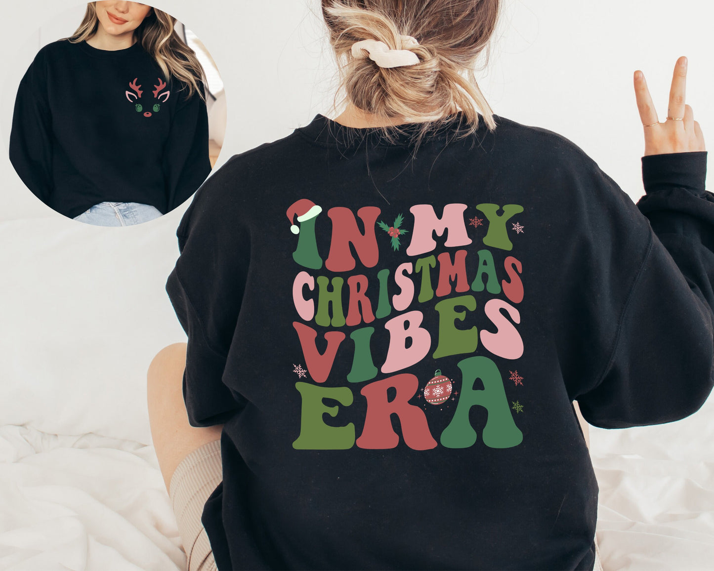 In My Christmas Vibes Era Sweatshirt, Retro Front Back In My Christmas Era Hoodie, Retro Holiday Sweater For Women, Ugly Christmas Sweater