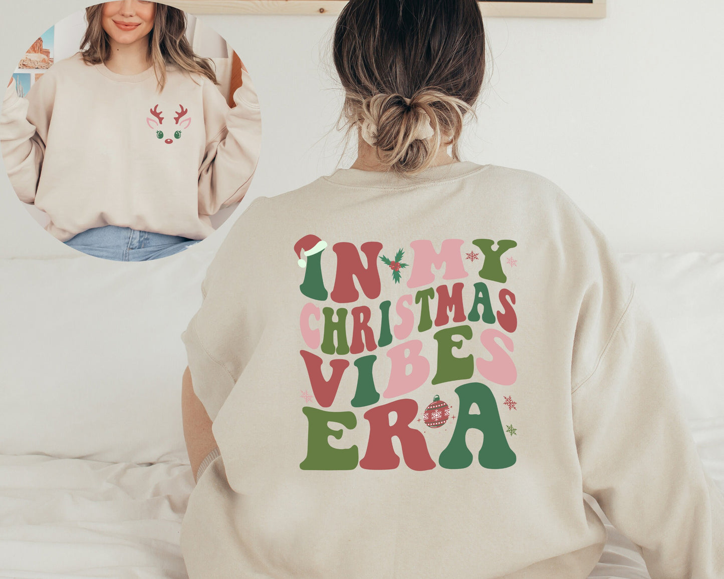 In My Christmas Vibes Era Sweatshirt, Retro Front Back In My Christmas Era Hoodie, Retro Holiday Sweater For Women, Ugly Christmas Sweater