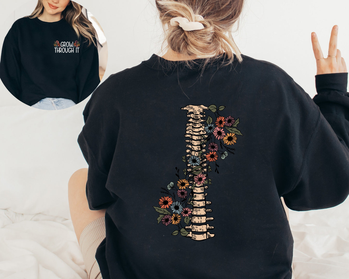 Grow Through It Sweatshirt, Floral Spine Hoodie, Motivational Sweatshirts, Positive Saying Sweatshirts, Mental Health Warrior Sweatshirt