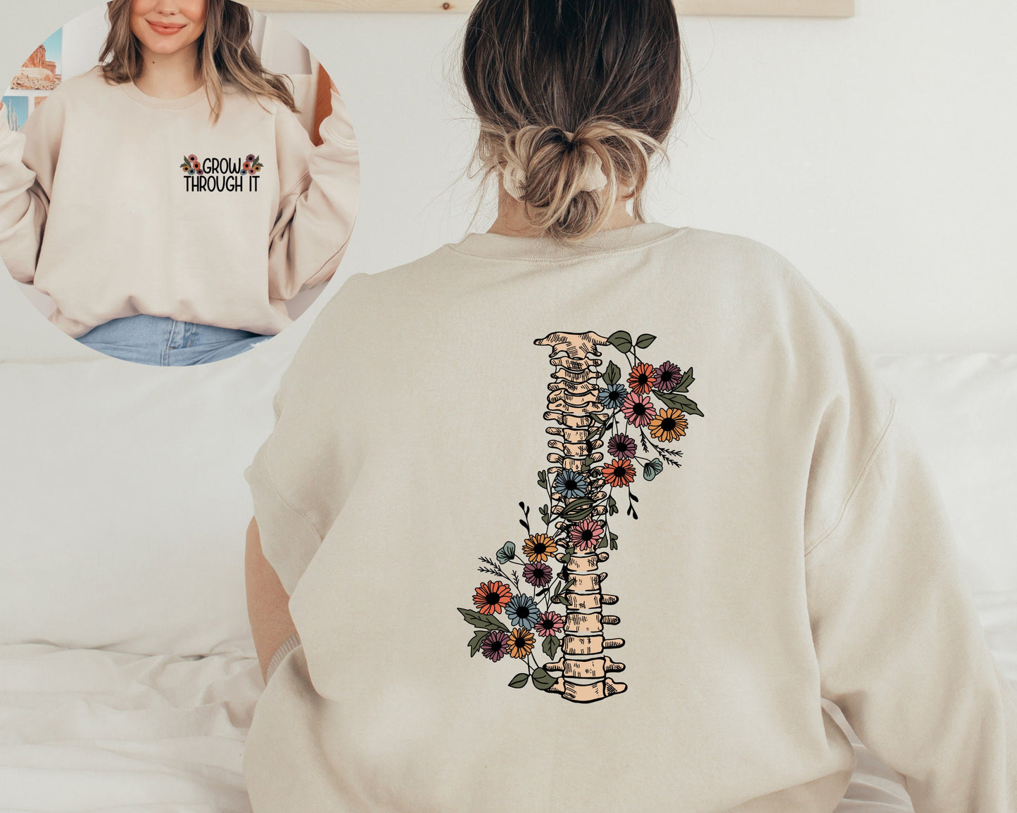 Grow Through It Sweatshirt, Floral Spine Hoodie, Motivational Sweatshirts, Positive Saying Sweatshirts, Mental Health Warrior Sweatshirt