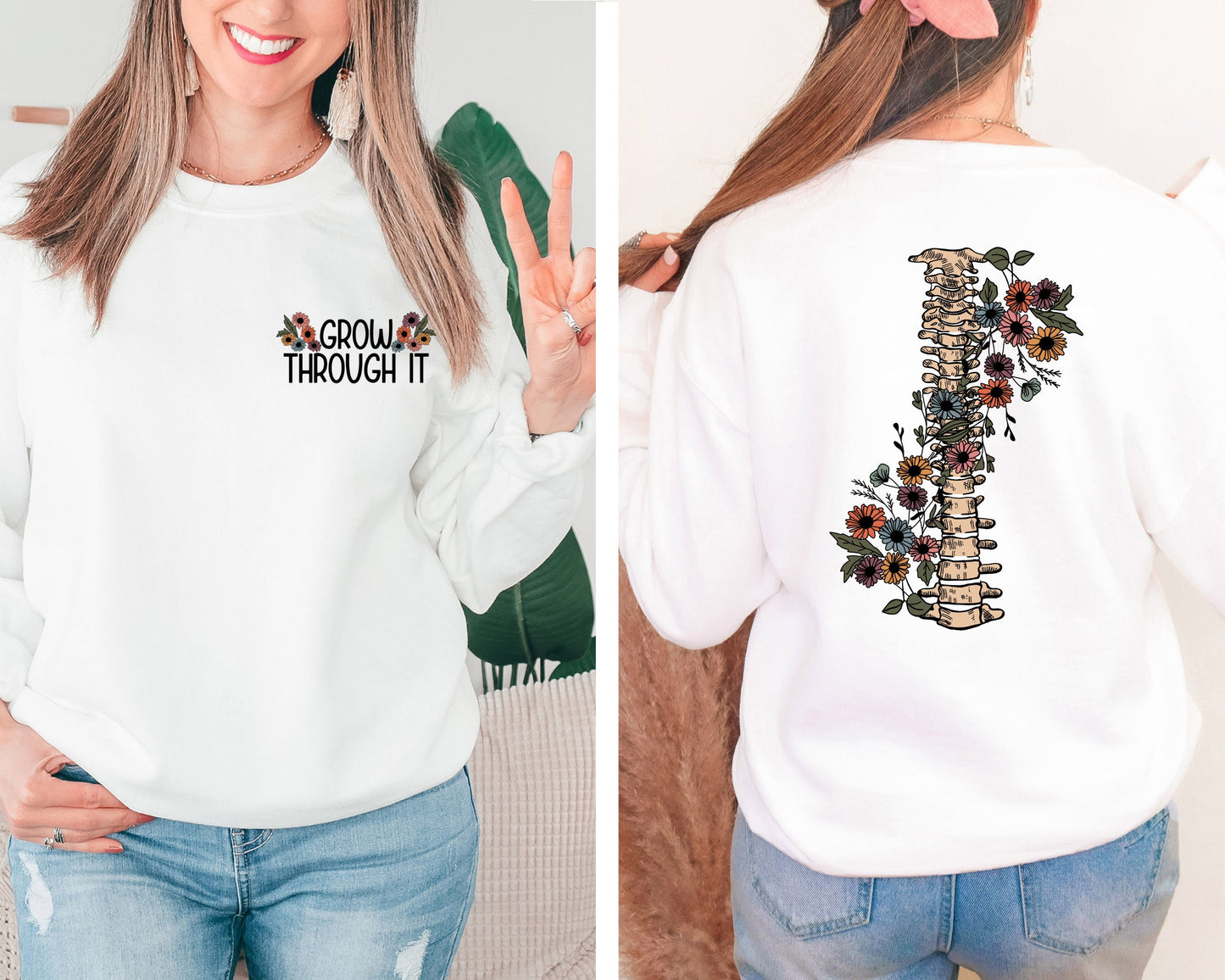 Grow Through It Sweatshirt, Floral Spine Hoodie, Motivational Sweatshirts, Positive Saying Sweatshirts, Mental Health Warrior Sweatshirt
