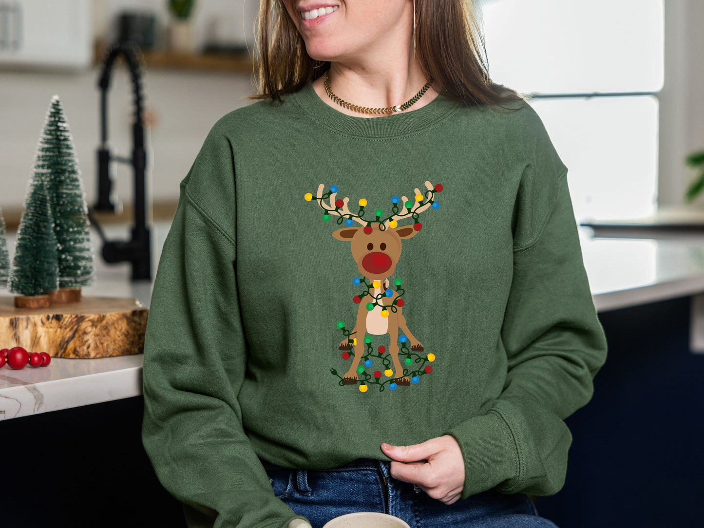 Reindeer Christmas Long Sleeve, Christmas Lights Sweatshirt, Christmas Family Sweatshirt, Merry Christmas Deer Sweater, Xmas Antler Sweater