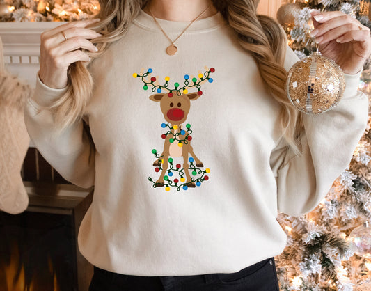 Reindeer Christmas Long Sleeve, Christmas Lights Sweatshirt, Christmas Family Sweatshirt, Merry Christmas Deer Sweater, Xmas Antler Sweater