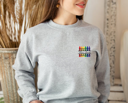 Personalized Name Teacher Tee, Back to School Sweatshirt, Customized Teacher Sweatshirt, Kindergarten Teaching Hoodie,Crayon Teacher Sweater