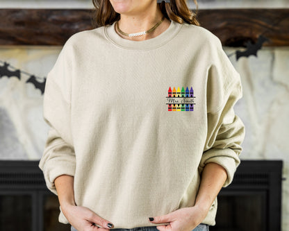 Personalized Name Teacher Tee, Back to School Sweatshirt, Customized Teacher Sweatshirt, Kindergarten Teaching Hoodie,Crayon Teacher Sweater