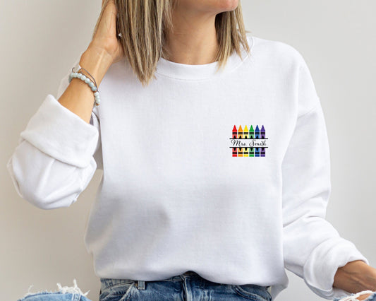 Personalized Name Teacher Tee, Back to School Sweatshirt, Customized Teacher Sweatshirt, Kindergarten Teaching Hoodie,Crayon Teacher Sweater