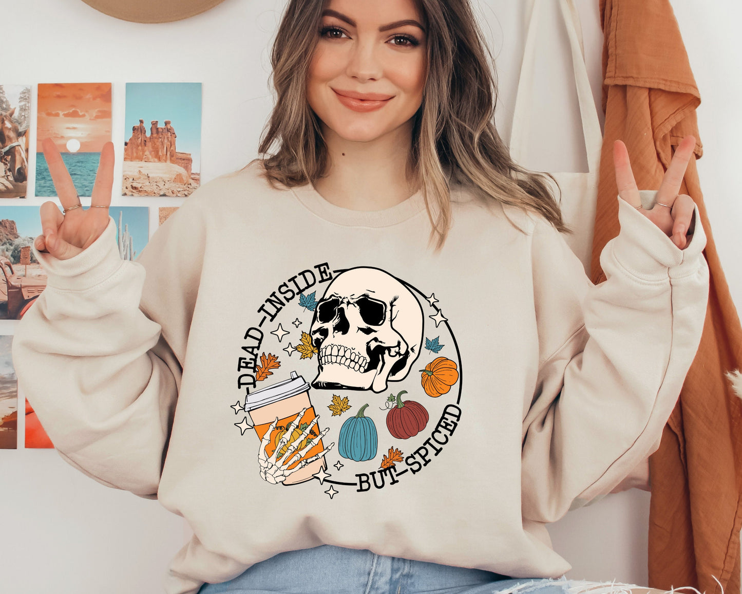 Dead Inside But Spiced Sweatshirt, Dead inside Halloween Hoodie, Womens Skeleton Halloween Sweater, Funny Halloween Hoodie, Pumpkin Sweater