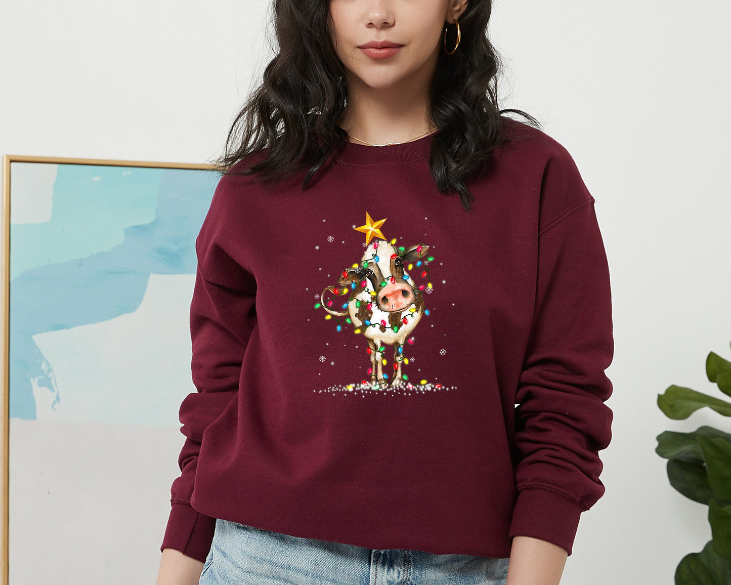 Cute Cow Christmas Lights Christmas Sweatshirt, Funny Christmas Sweater, Cow Holiday Hoodie, Cow Lover Xmas Gift, Farm Christmas Crewneck