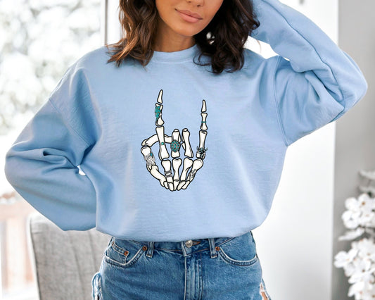 Western Rock On Skeleton American Rodeo Sweatshirt, Cowboy Graphic Hoodie, Howdy Sweater, Women's Patriotic Western Cowgirl Hoodie