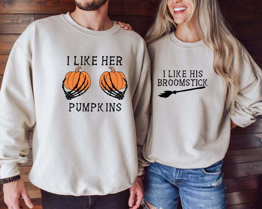 Couples Halloween Sweatshirt, Trick or Treating Parents Matching Hoodie, Halloween Party Sweater, Halloween Sweatshirt Broomsticks Pumpkins