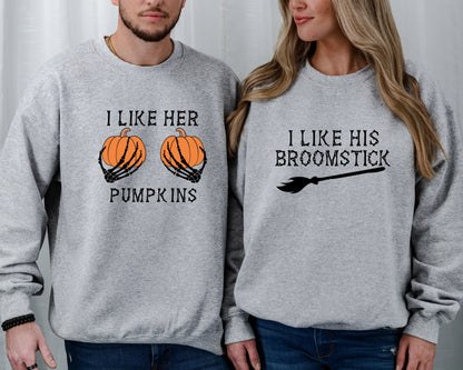 Couples Halloween Sweatshirt, Trick or Treating Parents Matching Hoodie, Halloween Party Sweater, Halloween Sweatshirt Broomsticks Pumpkins