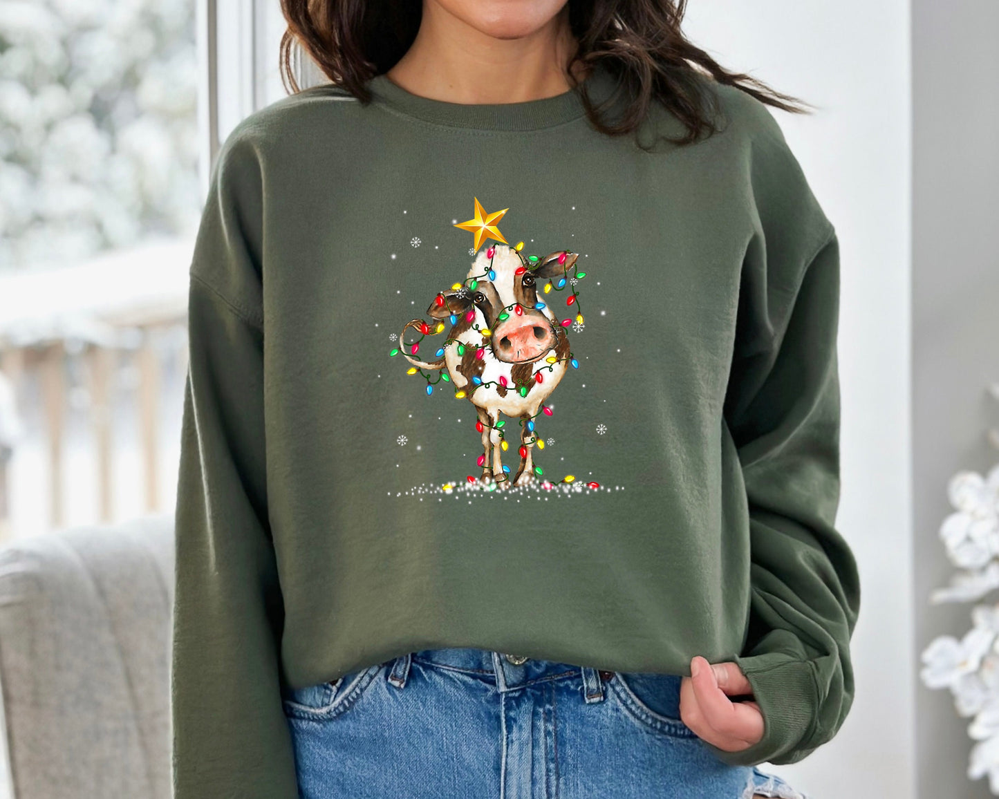 Cute Cow Christmas Lights Christmas Sweatshirt, Funny Christmas Sweater, Cow Holiday Hoodie, Cow Lover Xmas Gift, Farm Christmas Crewneck