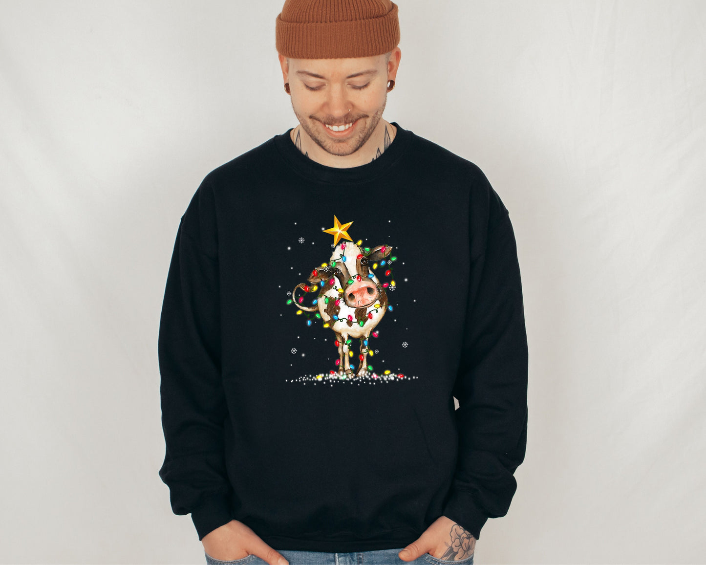 Cute Cow Christmas Lights Christmas Sweatshirt, Funny Christmas Sweater, Cow Holiday Hoodie, Cow Lover Xmas Gift, Farm Christmas Crewneck