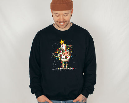 Cute Cow Christmas Lights Christmas Sweatshirt, Funny Christmas Sweater, Cow Holiday Hoodie, Cow Lover Xmas Gift, Farm Christmas Crewneck