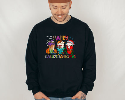 HalloThanksMas Sweatshirt, Holiday Sweater, Halloween Hoodie, Thanksgiving Sweater, Christmas Hoodie, Holiday Season Gift,  Holiday Season