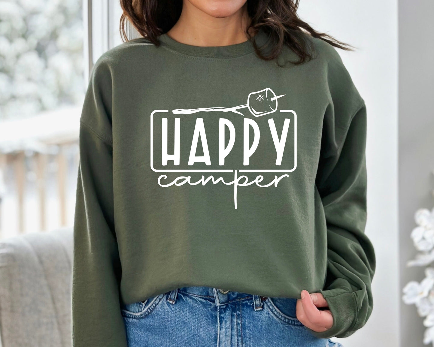 Happy Camper Sweatshirt, Camper Hoodie, Campfire Sweatshirt, Marshmallow Gift Sweater, Gift For Campers, Camp Lover Gift, Nature Lover Gift