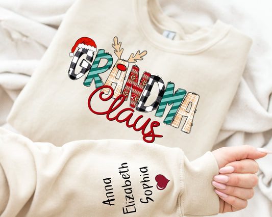 Custom Christmas Grandma Claus Sweatshirt and Hoodie,Grandma Claus Kids on Sleeve,Personalized Grandma Sweatshirt,Christmas Gift for Grandma