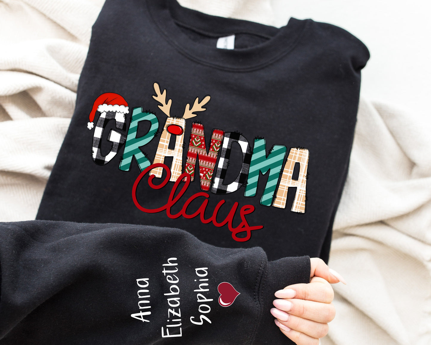 Custom Christmas Grandma Claus Sweatshirt and Hoodie,Grandma Claus Kids on Sleeve,Personalized Grandma Sweatshirt,Christmas Gift for Grandma